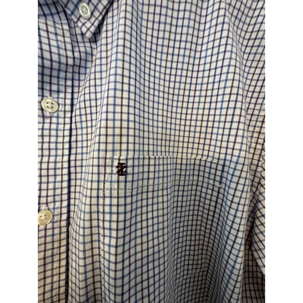 IZOD Mens Blue Brown Tattersall Check Button Down Shirt Size Large Long Sleeve - Picture 3 of 7